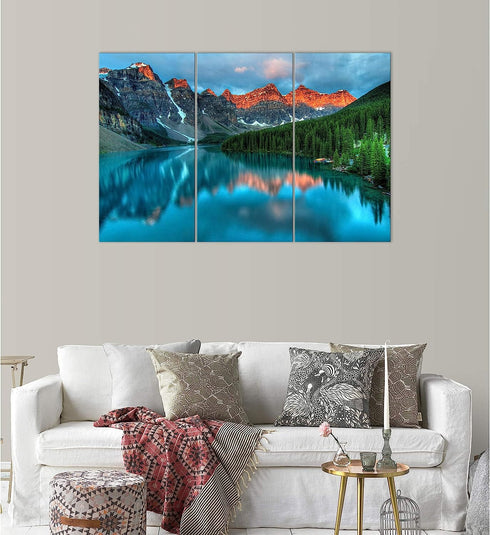 Sunset Morain Lake and Mountain Range Alberta Canada Landscape Wall Art in Water Canvas Painting